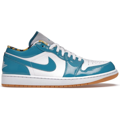 Blue and white sneaker with a brown sole on a white background