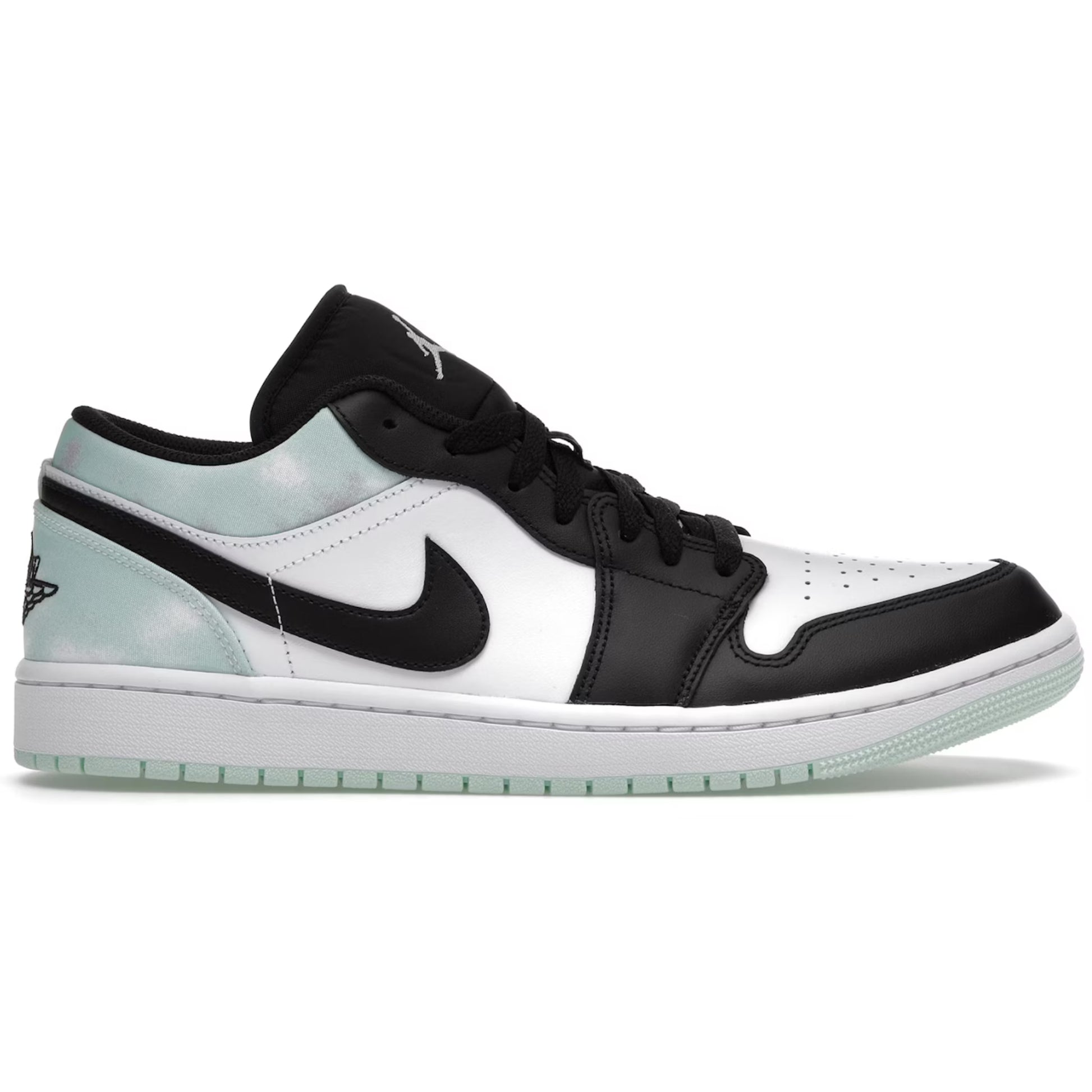 Black and white sneaker with a distinctive logo on a white background
