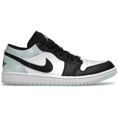 Black and white sneaker with a distinctive logo on a white background