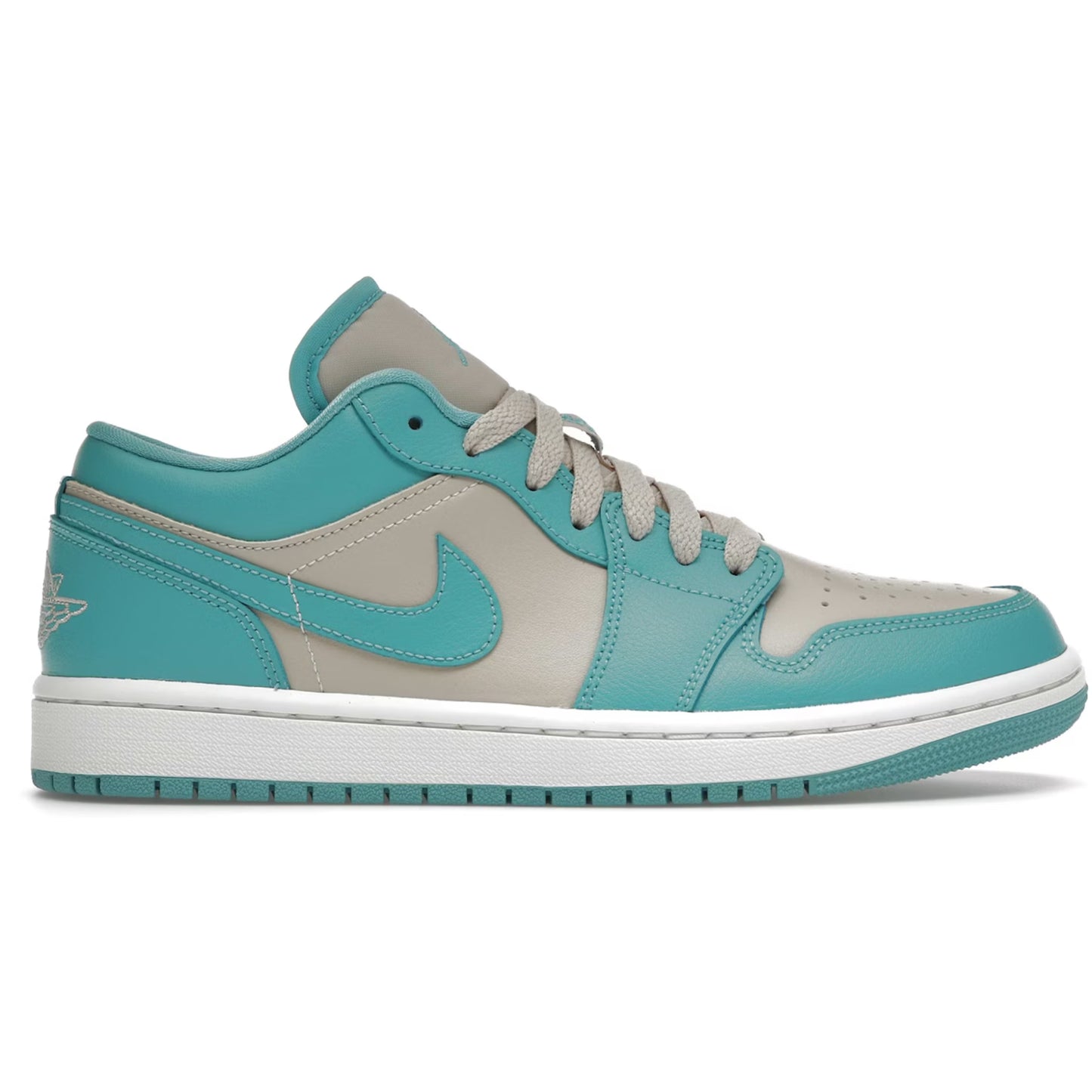 Teal and beige sneaker with Nike logo on a white background