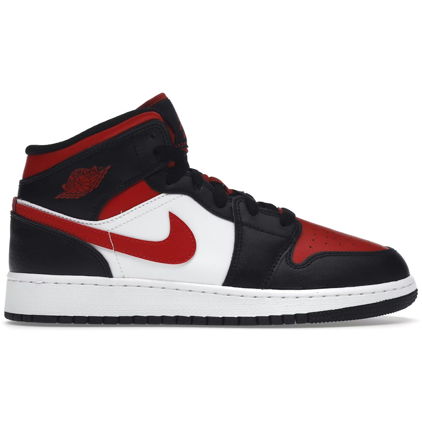 Red, black, and white sneaker with Nike logo on a white background