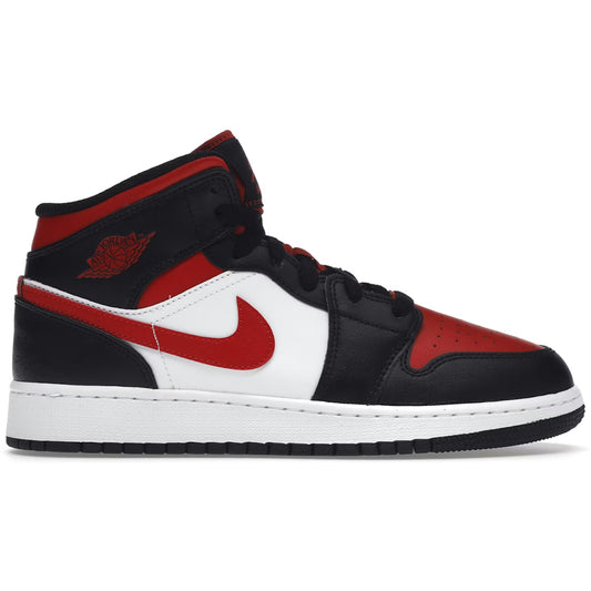 Red, black, and white sneaker with Nike logo on a white background