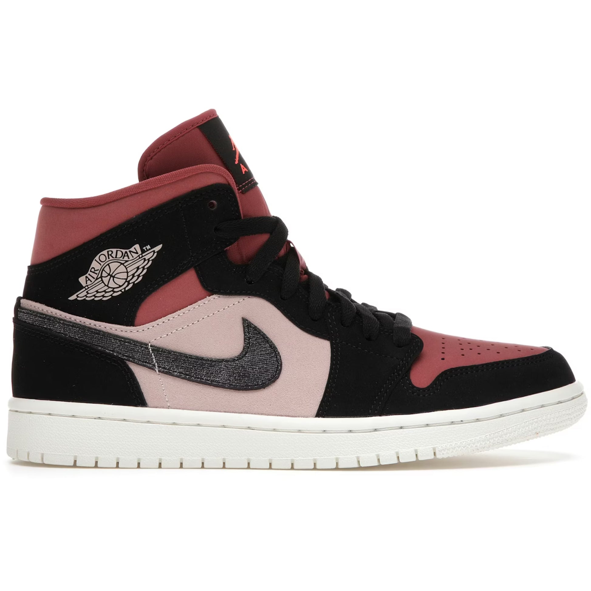 Red, black, and pink sneaker with Jordan logo on a white background