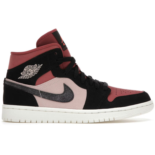 Red, black, and pink sneaker with Jordan logo on a white background