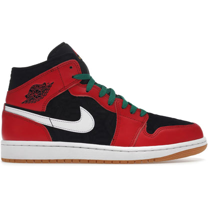 Red, black, and white sneaker with a prominent Nike logo on a white background