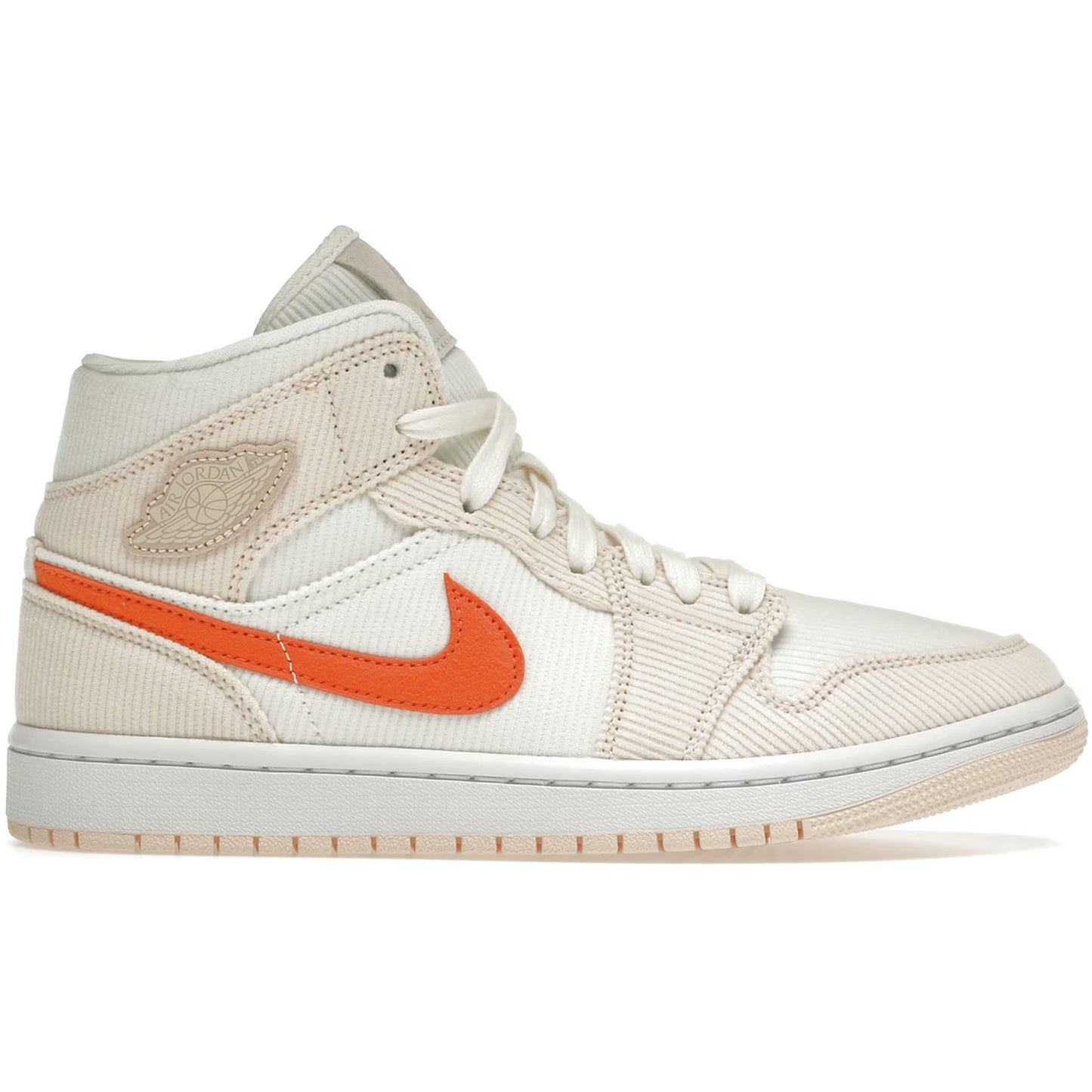 White sneaker with orange swoosh logo on a white background