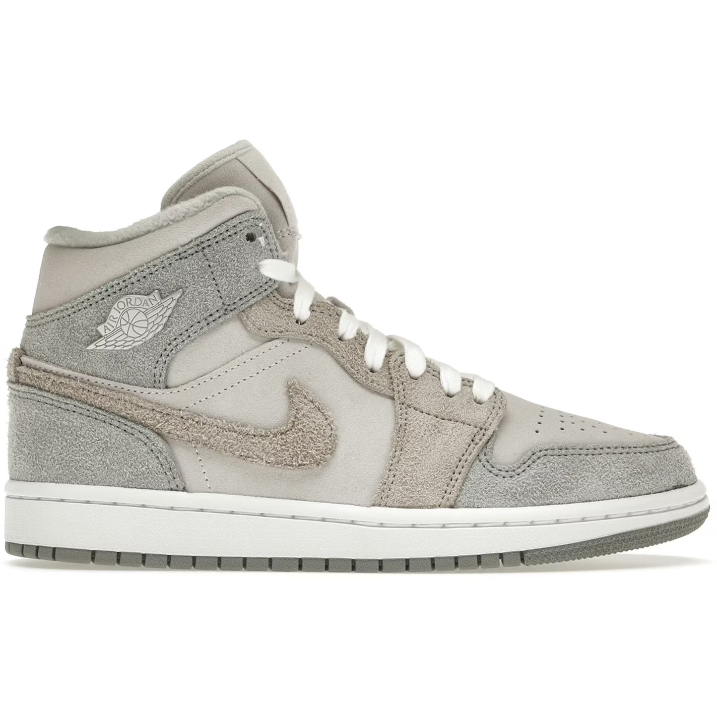Gray high-top sneaker with white swoosh logo on a white background
