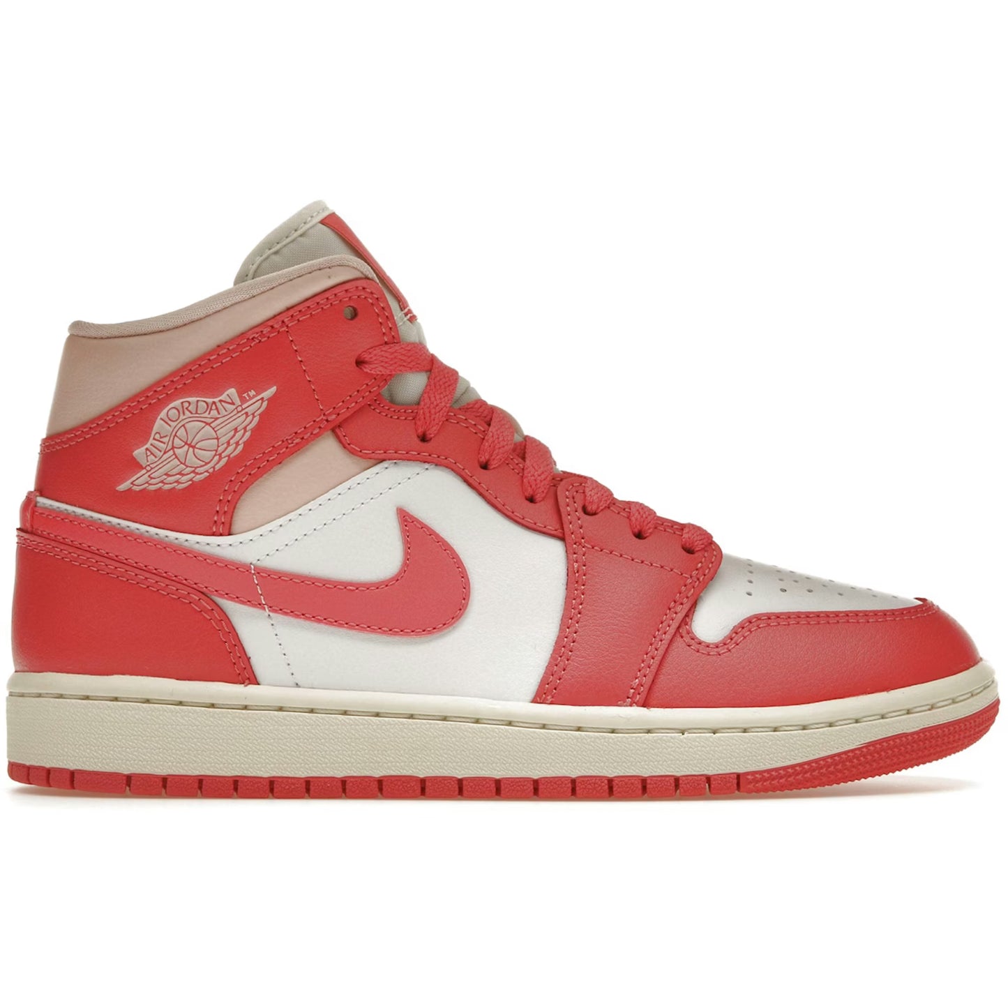 Red and white sneaker with Nike logo on a white background