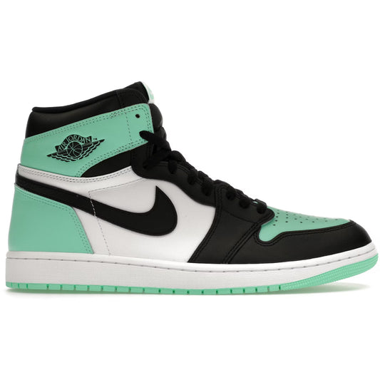 Black, white, and green sneaker with Nike logo on a white background