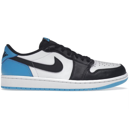 Black and white sneaker with blue accents on a white background