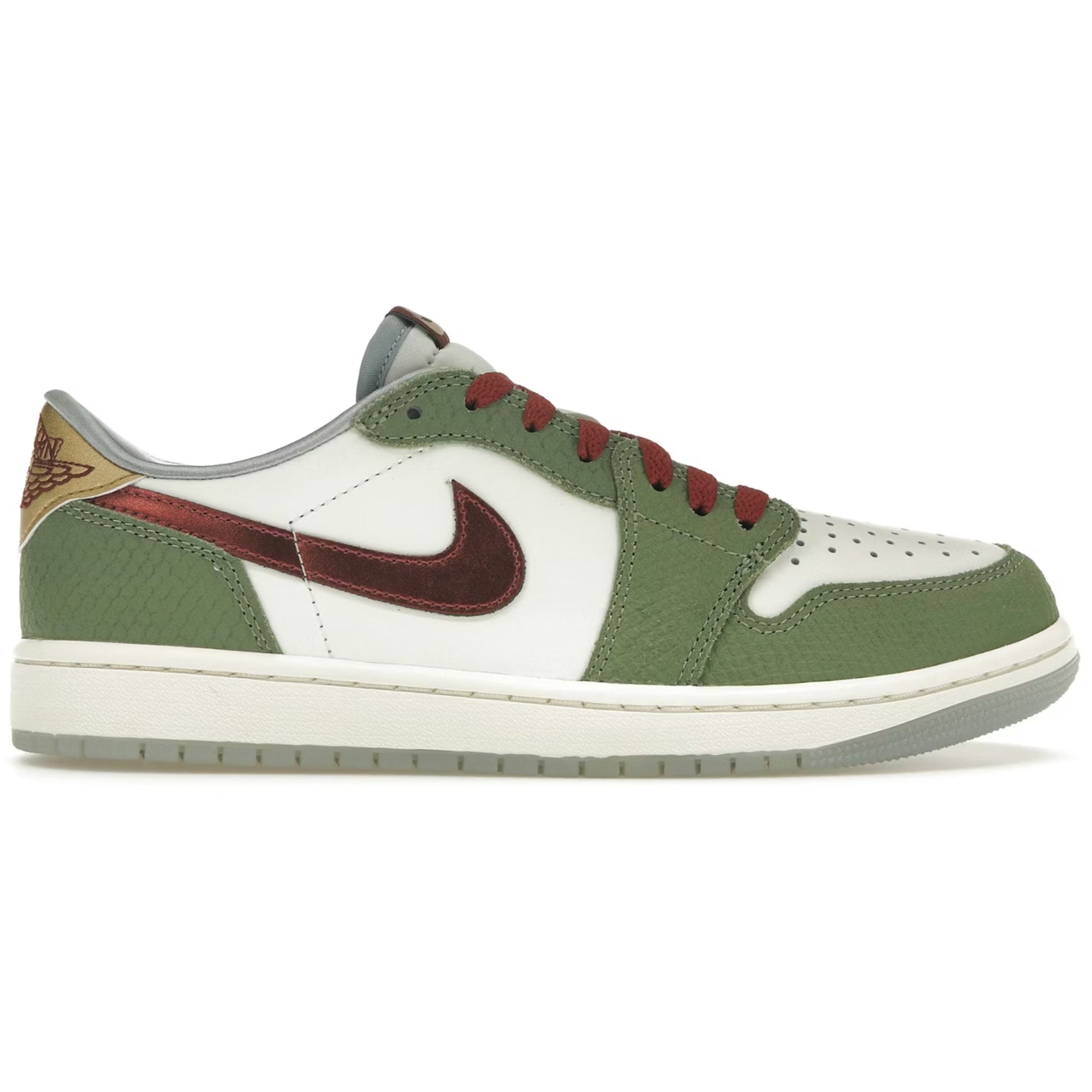 Green and white sneaker with brown accents on a white background