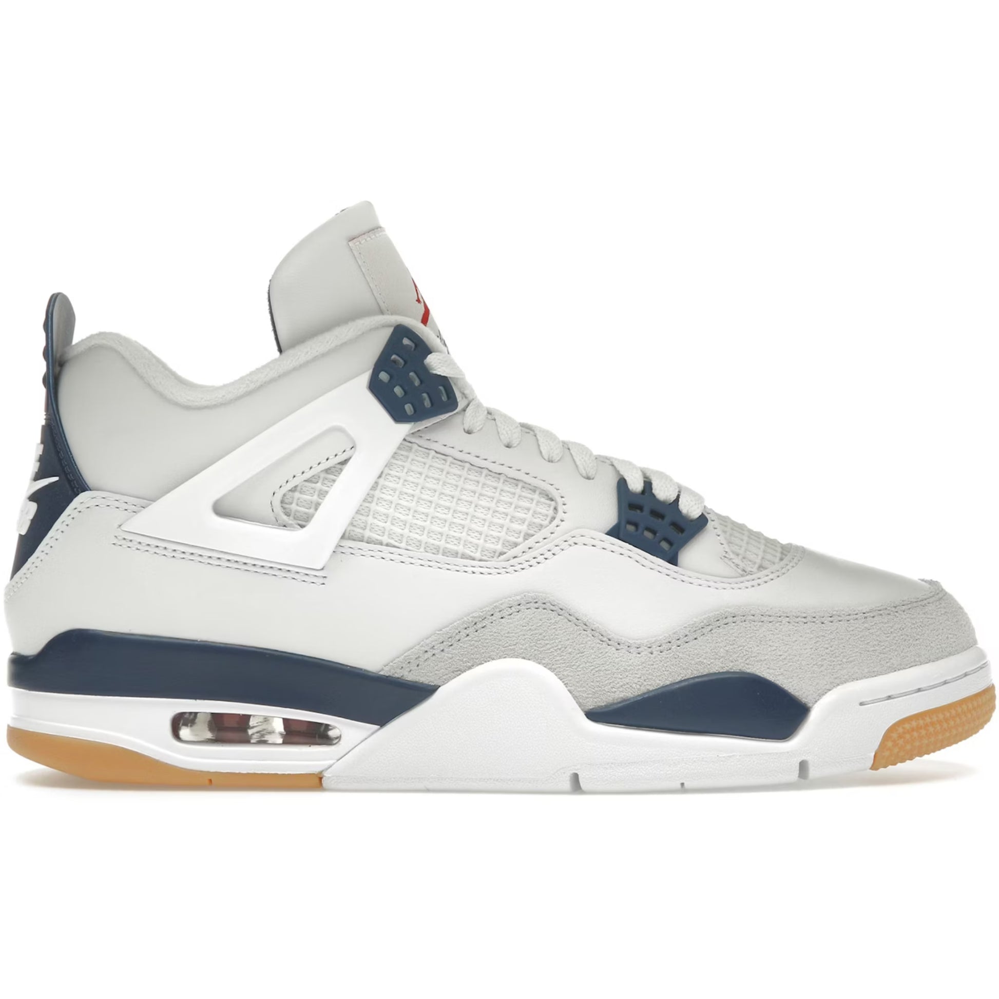 White and navy sneaker with a visible brand logo on a white background