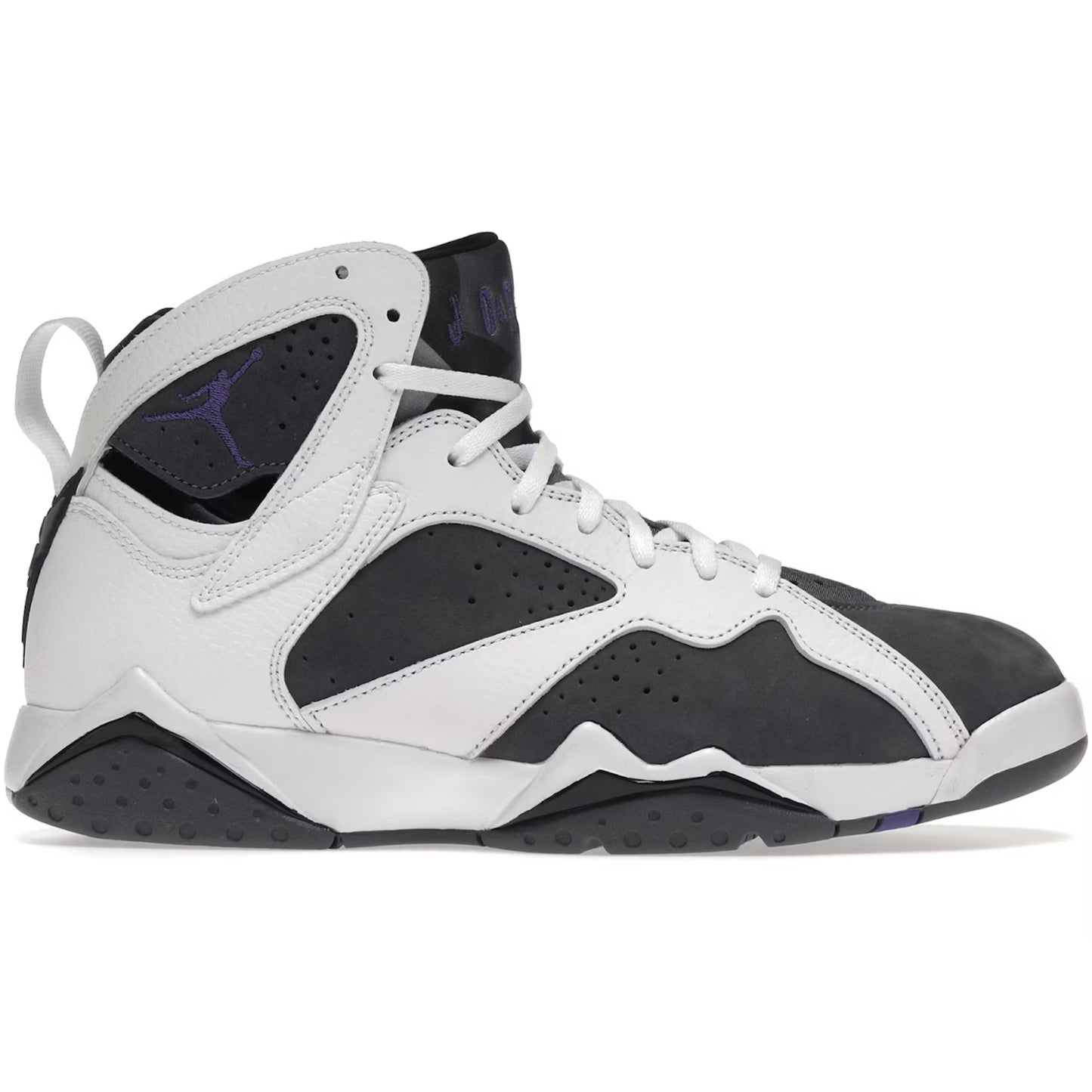 White and black sneaker with purple accents on a white background