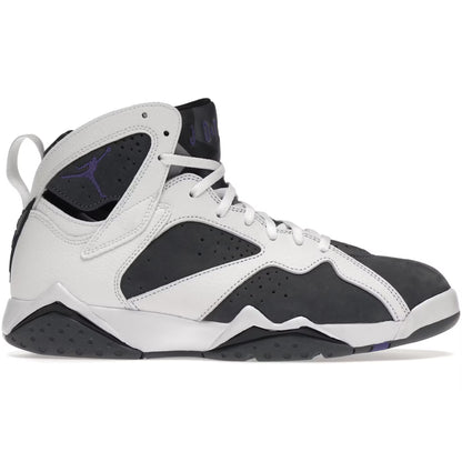 White and black sneaker with purple accents on a white background