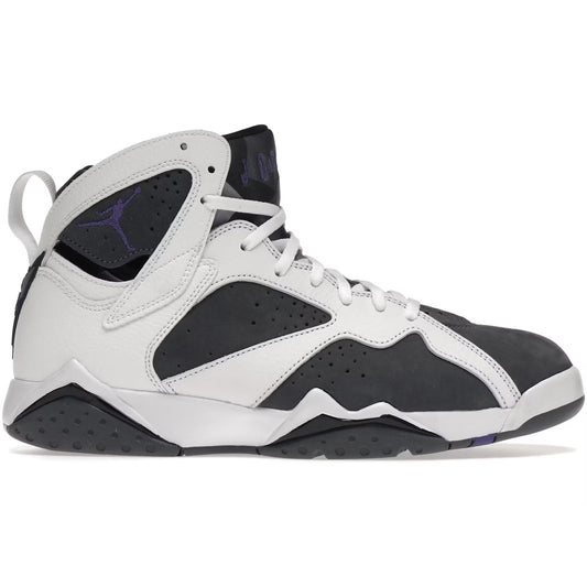 White and black sneaker with purple accents on a white background