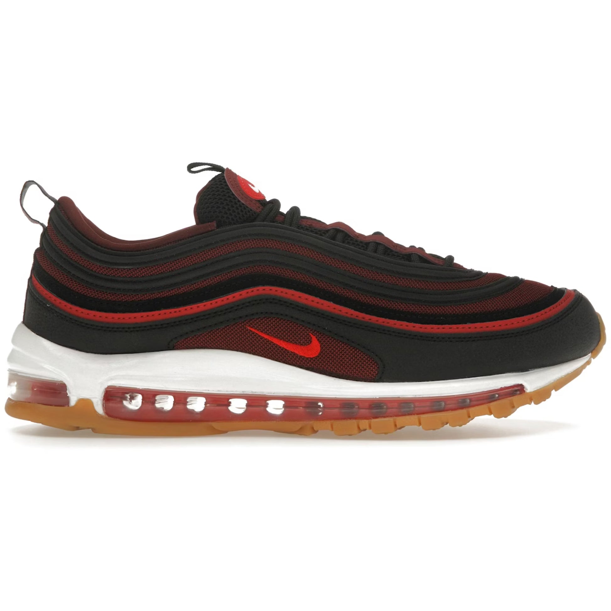 Black and red sneaker with white sole on a white background