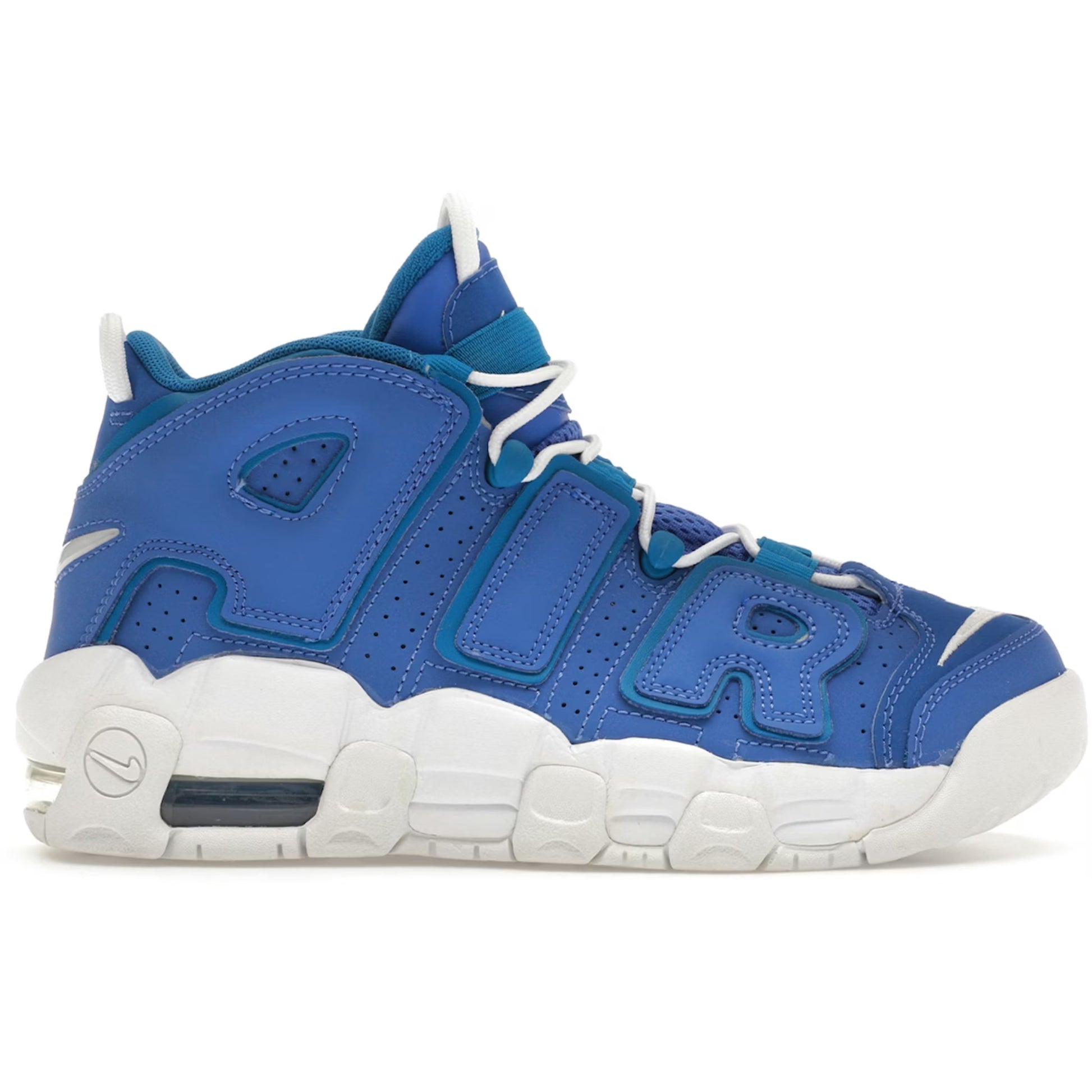 Blue sneaker with white laces on a white background