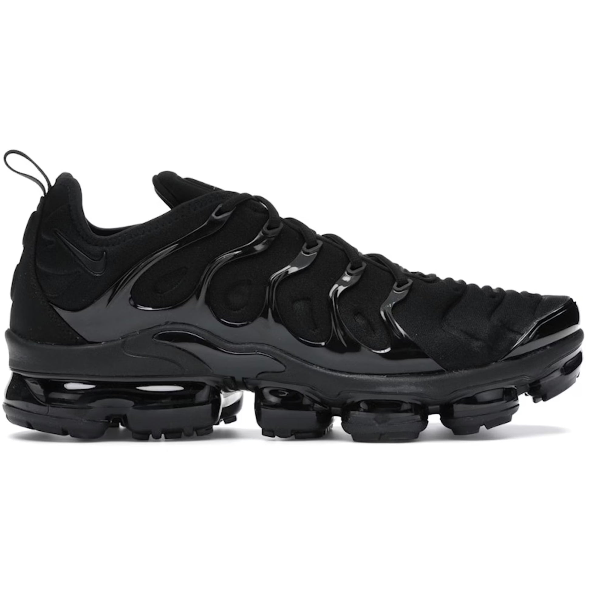Gray and black sneaker with a green Nike logo on a white background