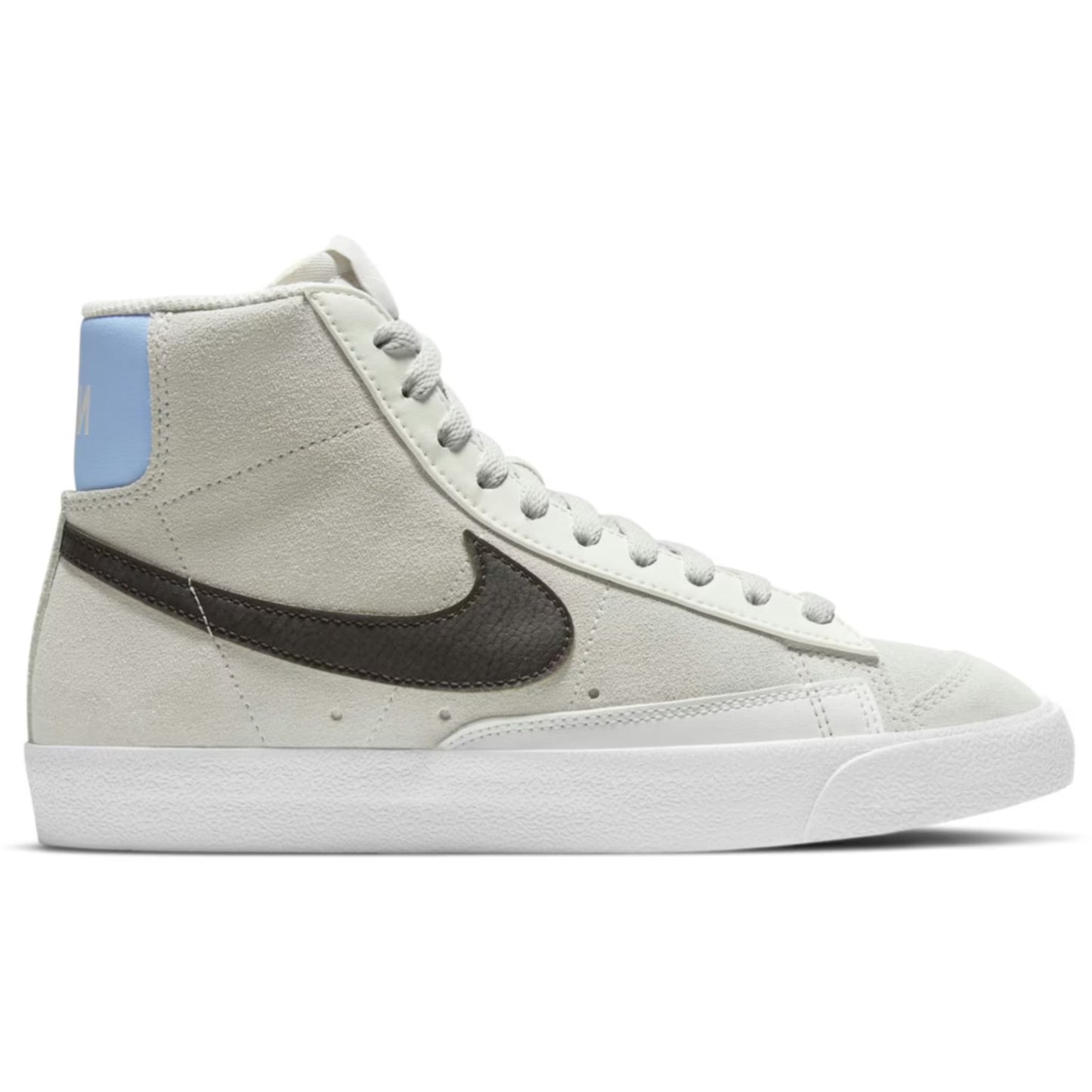 White high-top sneaker with black swoosh logo on a white background