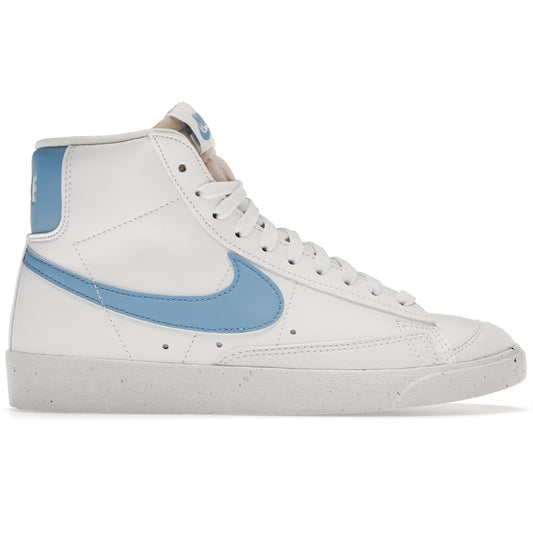 White sneaker with blue swoosh logo on a white background