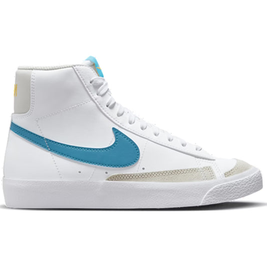 White sneaker with blue swoosh logo on a white background