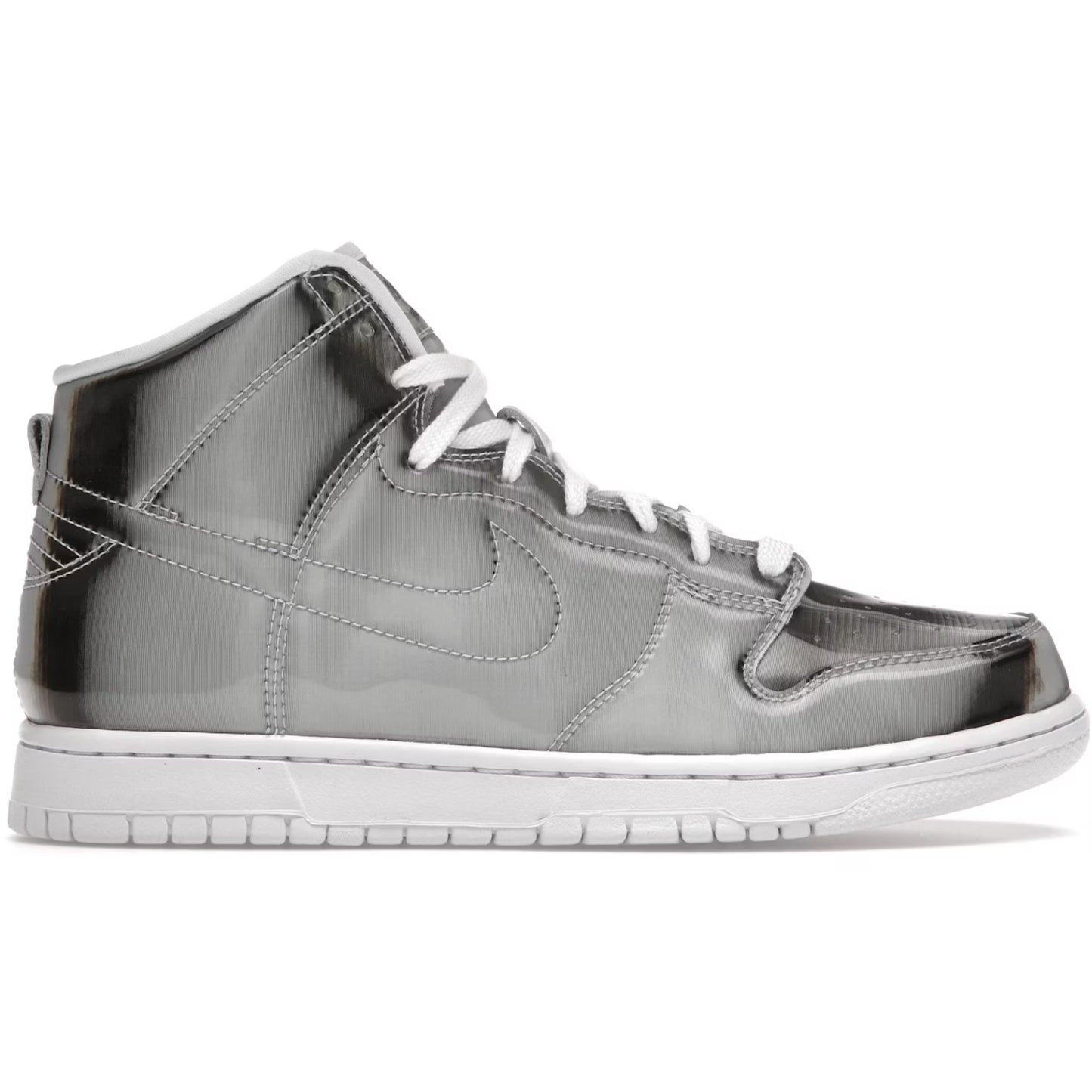 Gray high-top sneaker with white laces on a white background