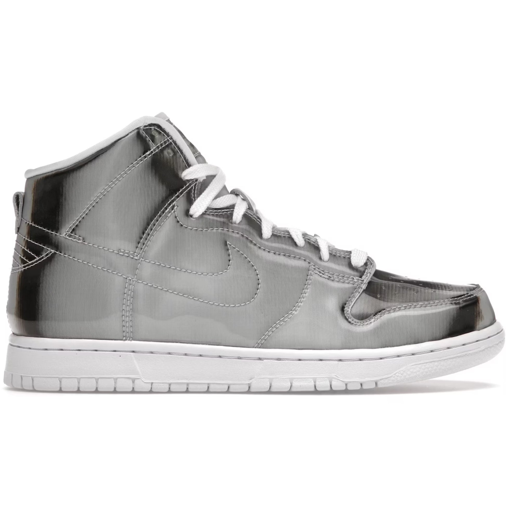 Gray high-top sneaker with white laces on a white background