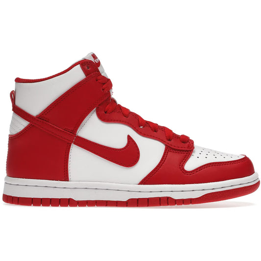 Red and white high-top sneaker with Nike logo on a white background