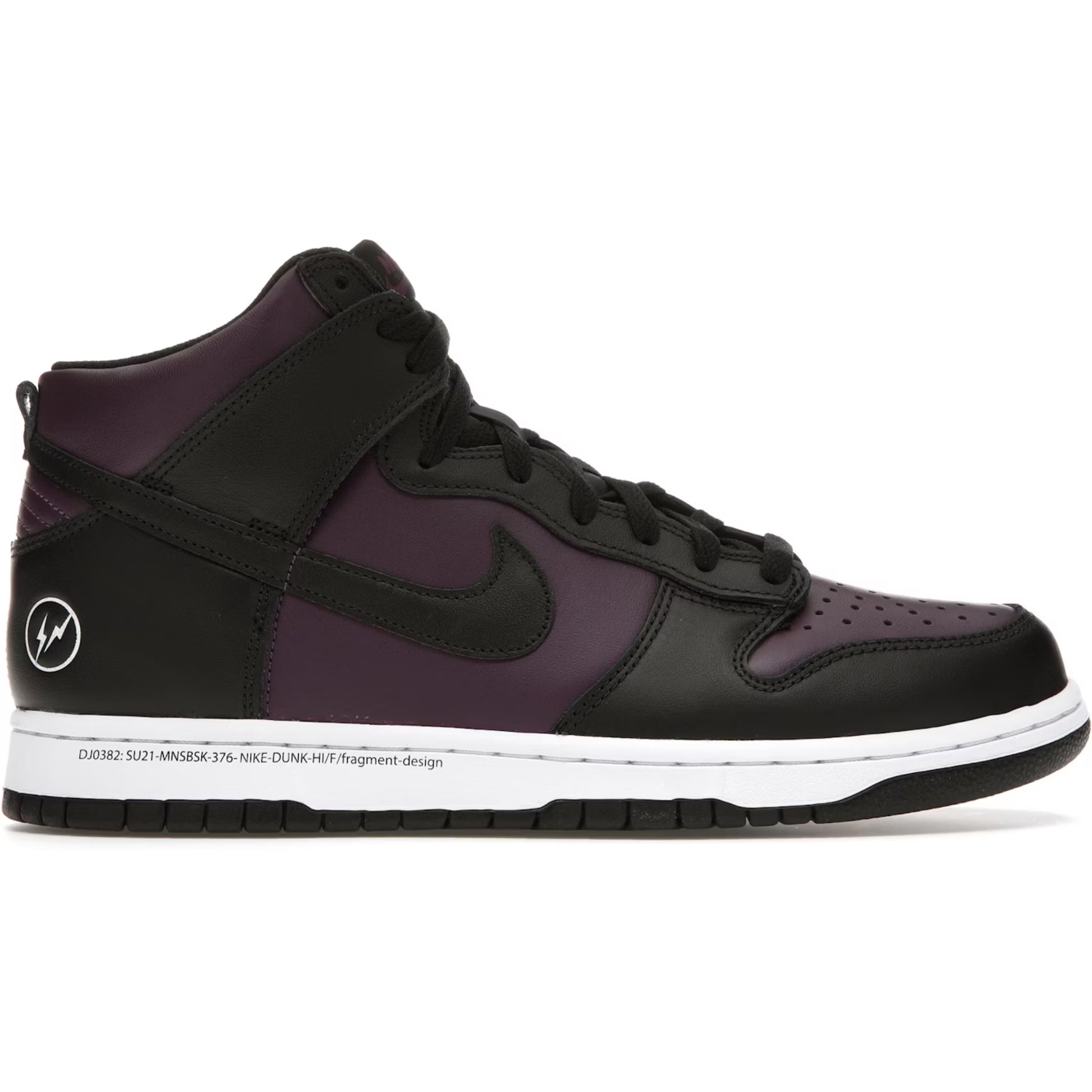 Black and purple sneaker with a white sole on a white background