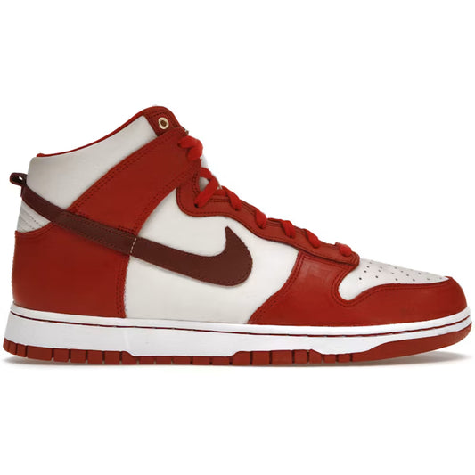 Red and white sneaker with a brown Nike logo on a white background