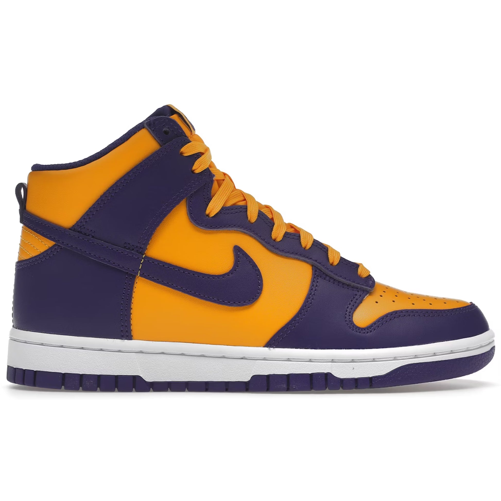 Orange and purple high-top sneaker with Nike logo on a white background