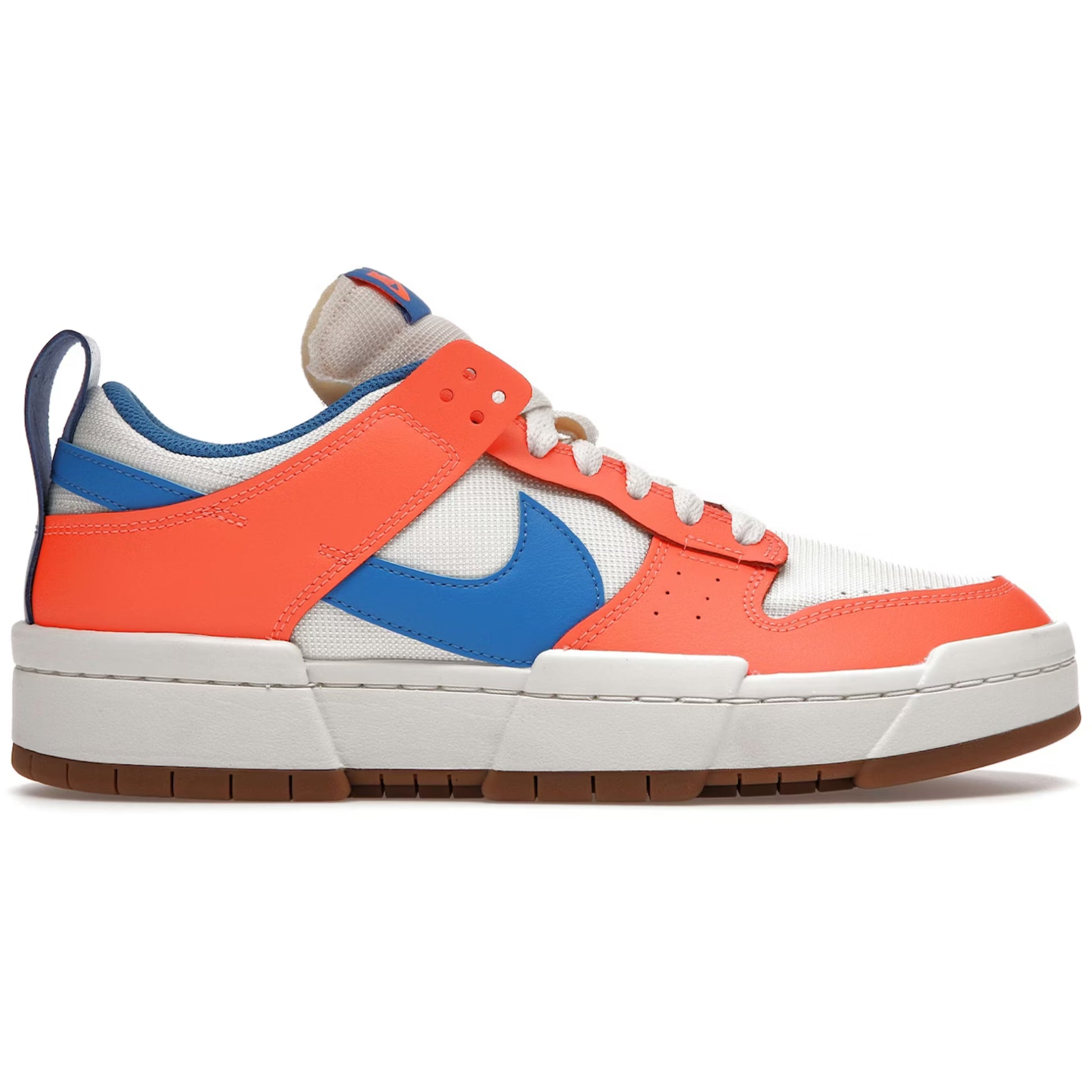 Sneaker with orange, blue, and white design on a white background