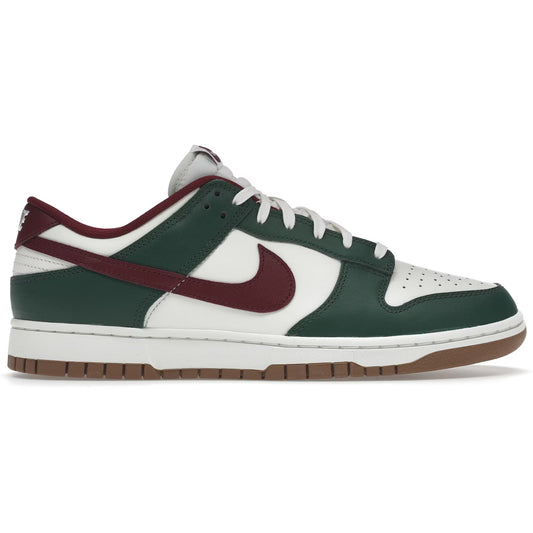 Green and white sneaker with maroon swoosh logo on a white background