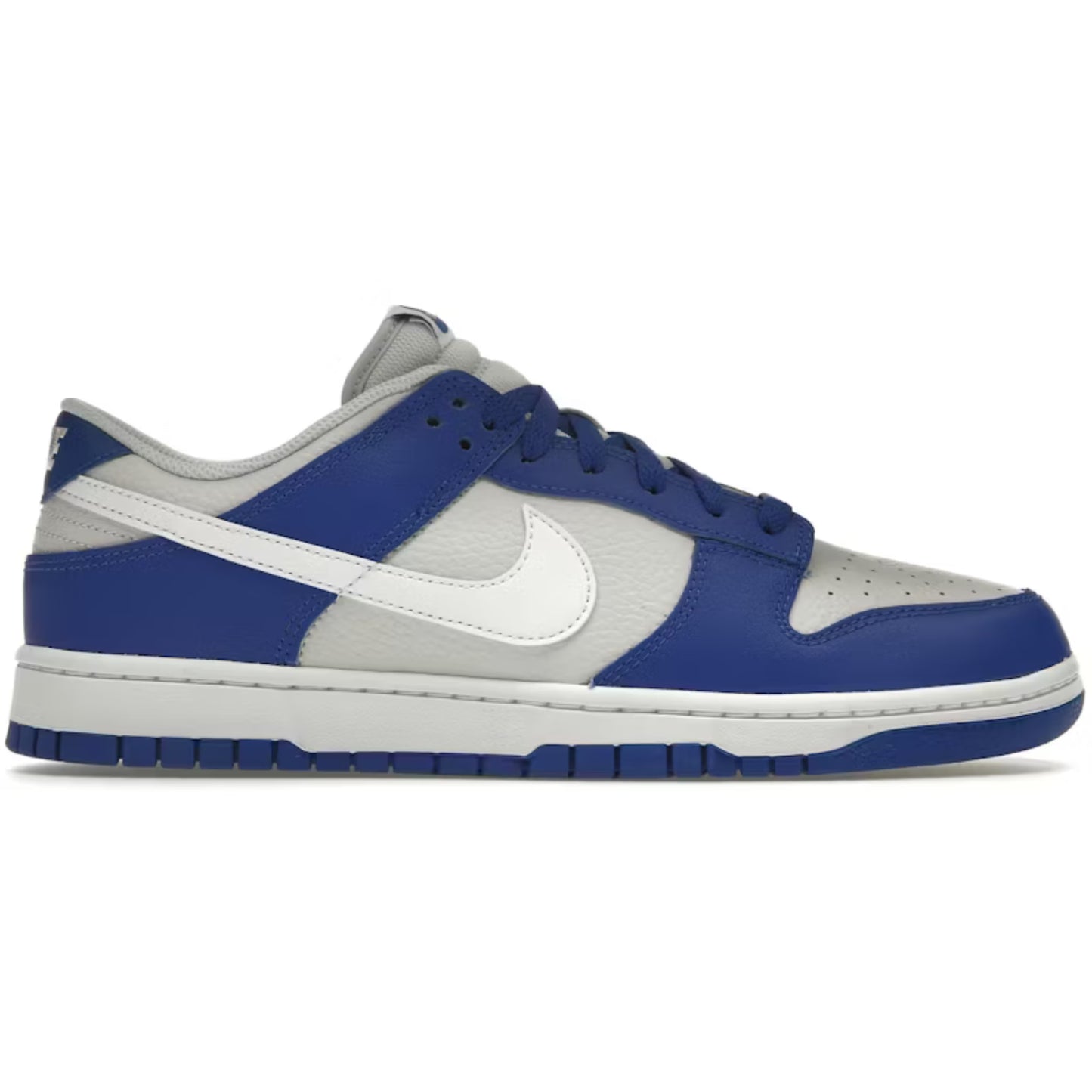 Blue and gray sneaker with a white logo on a white background