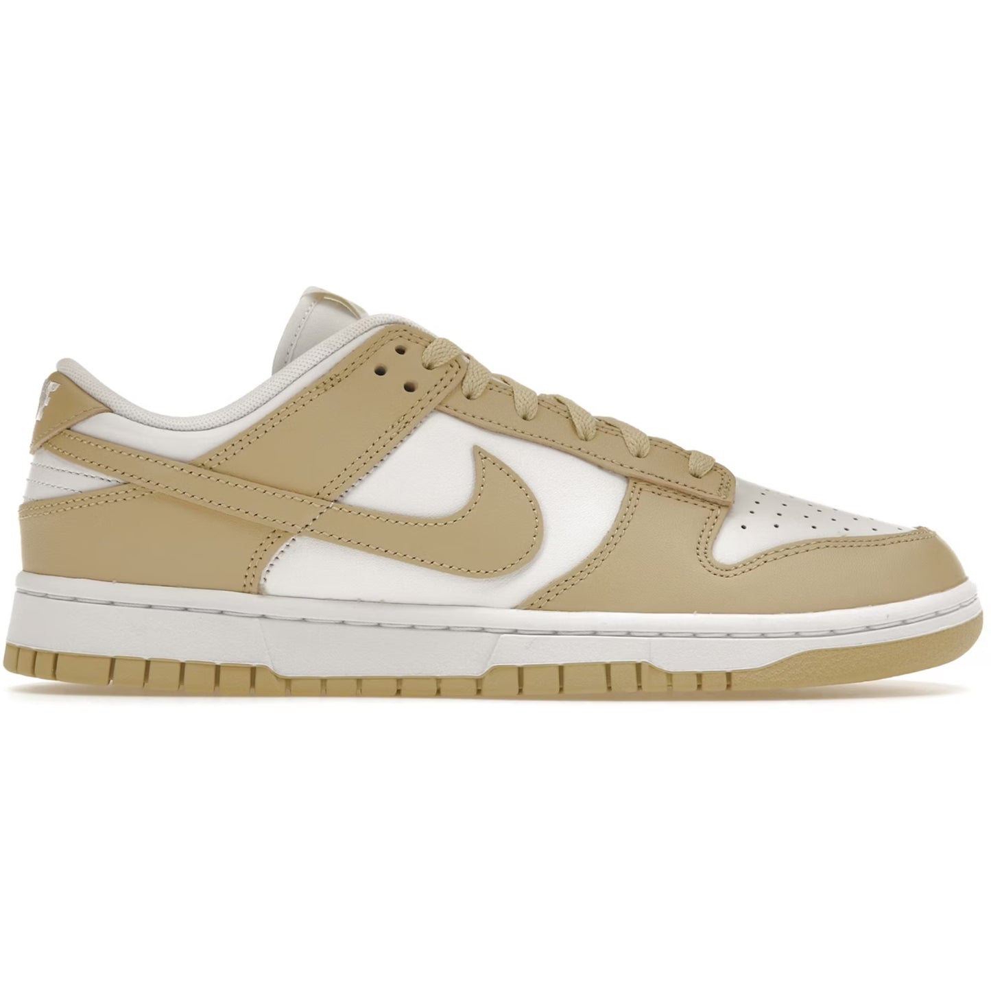 Beige and white sneaker with Nike logo on a white background