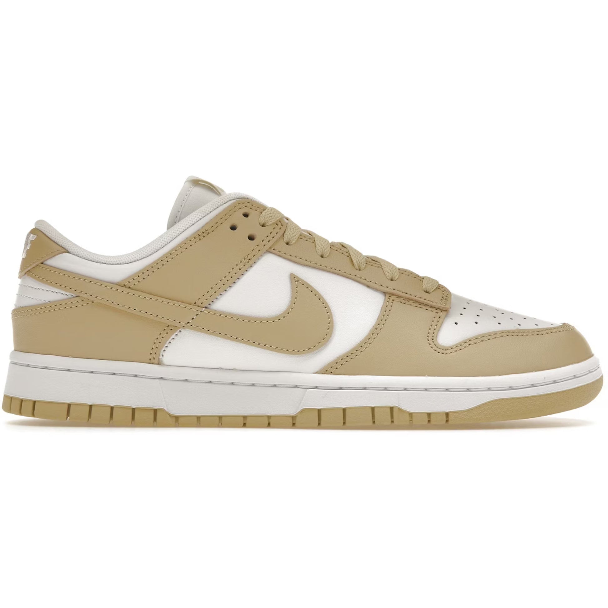 Beige and white sneaker with Nike logo on a white background