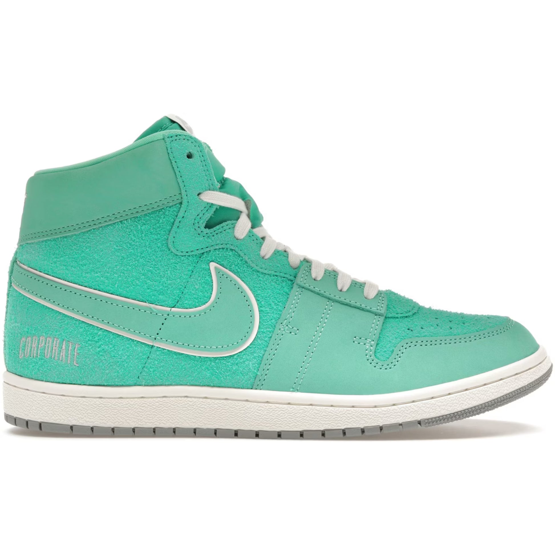 Green high-top sneaker with a white logo on a white background