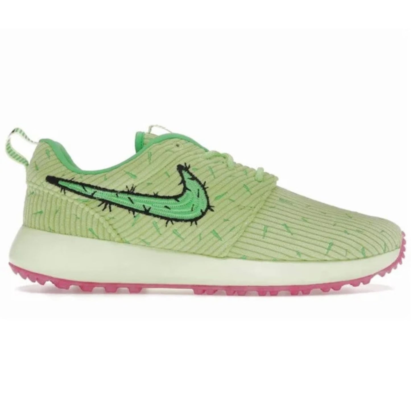 Green sneaker with a brand logo on a white background