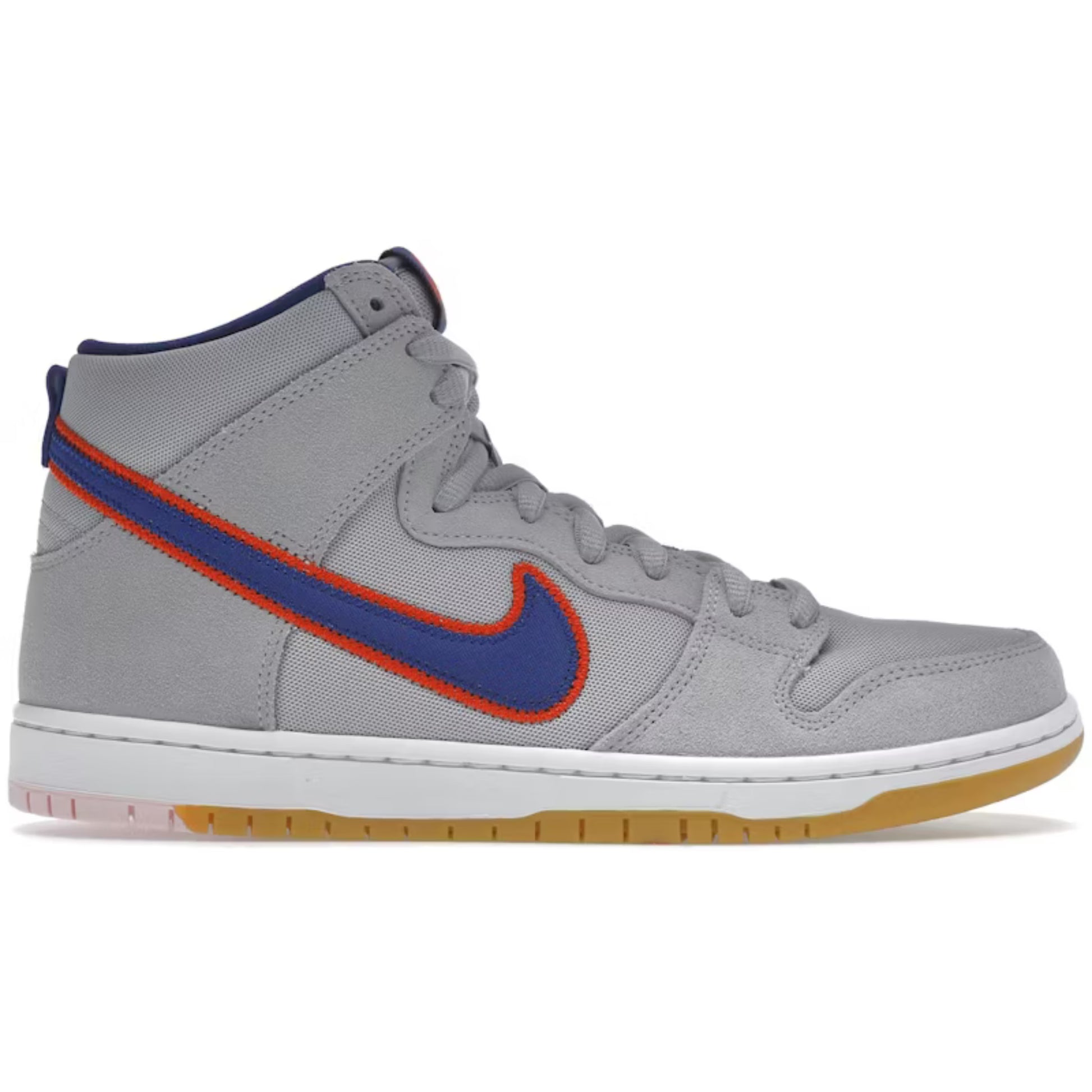 Gray high-top sneaker with blue swoosh logo on a white background