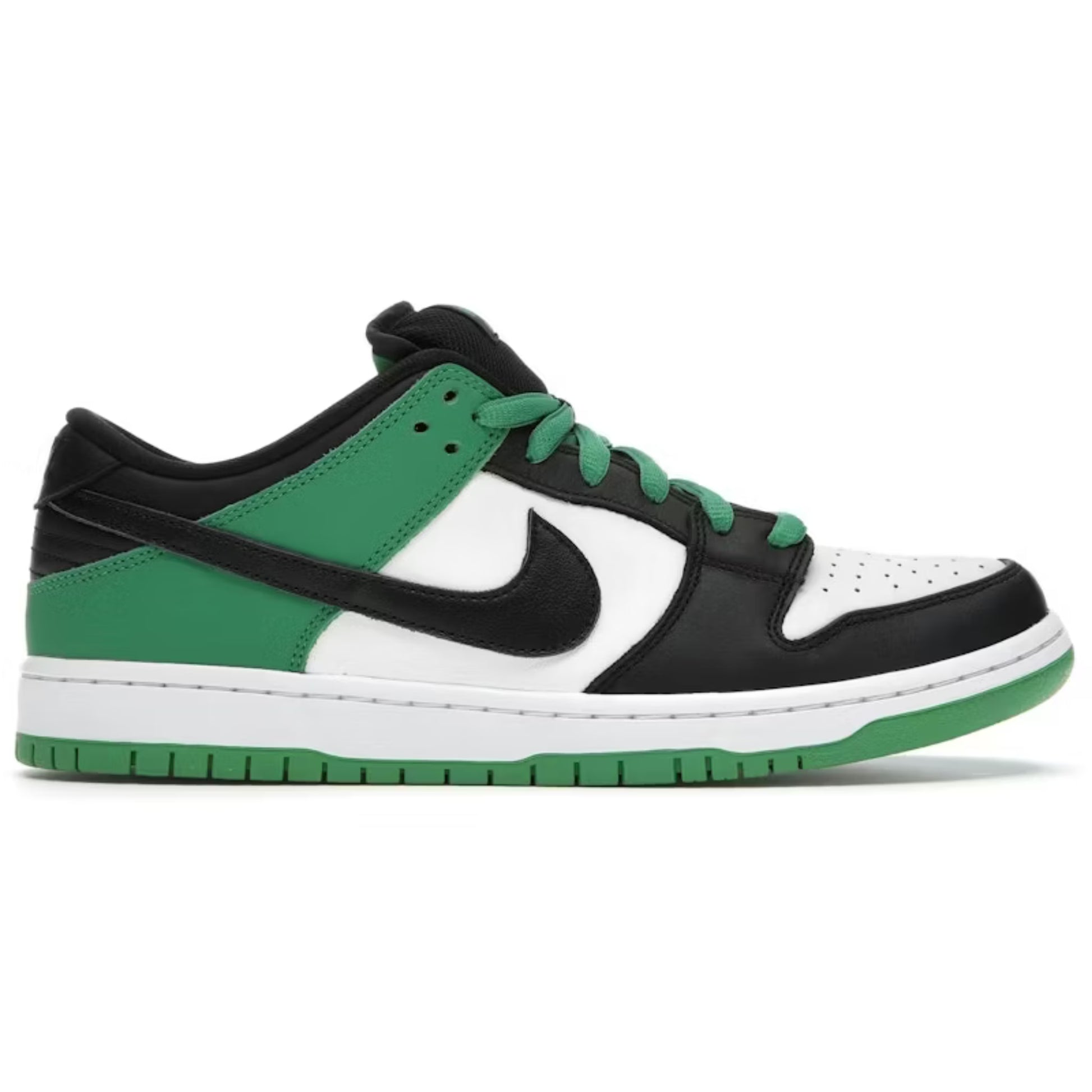 Green, black, and white sneaker with Nike logo on a white background