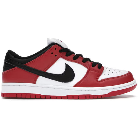 Red, black, and white sneaker with Nike logo on a white background