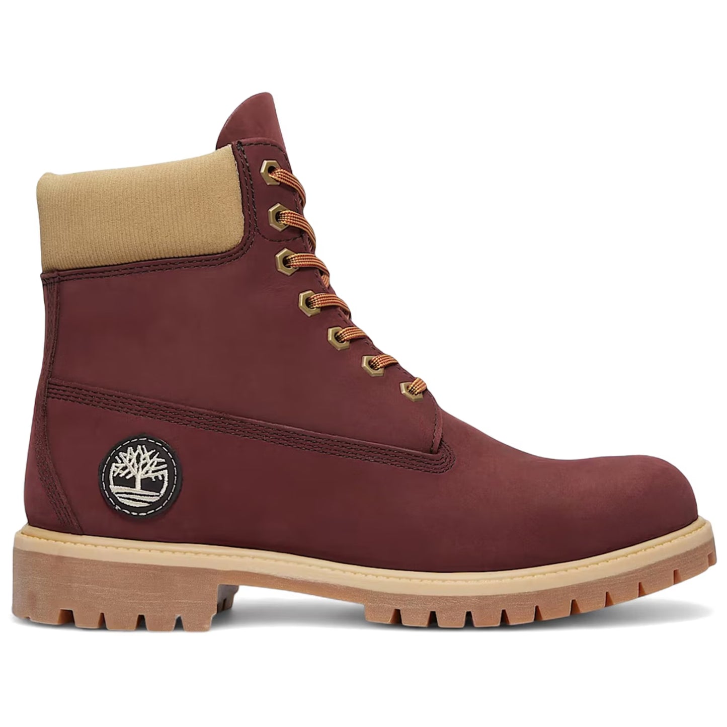 Brown leather boot with beige accents on a white background