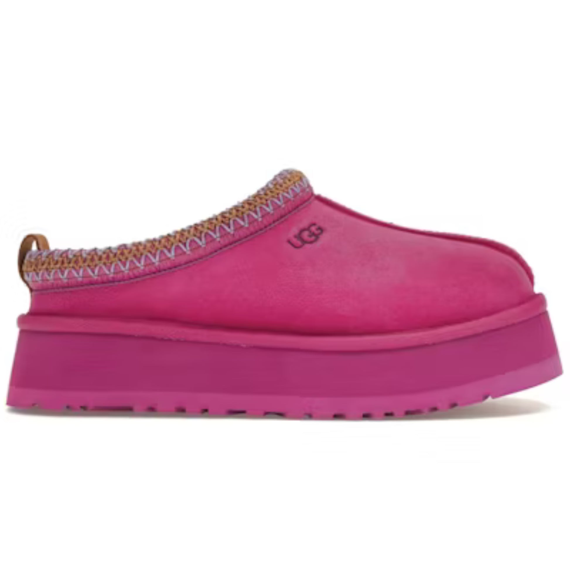 Pink slipper with decorative trim on a white background