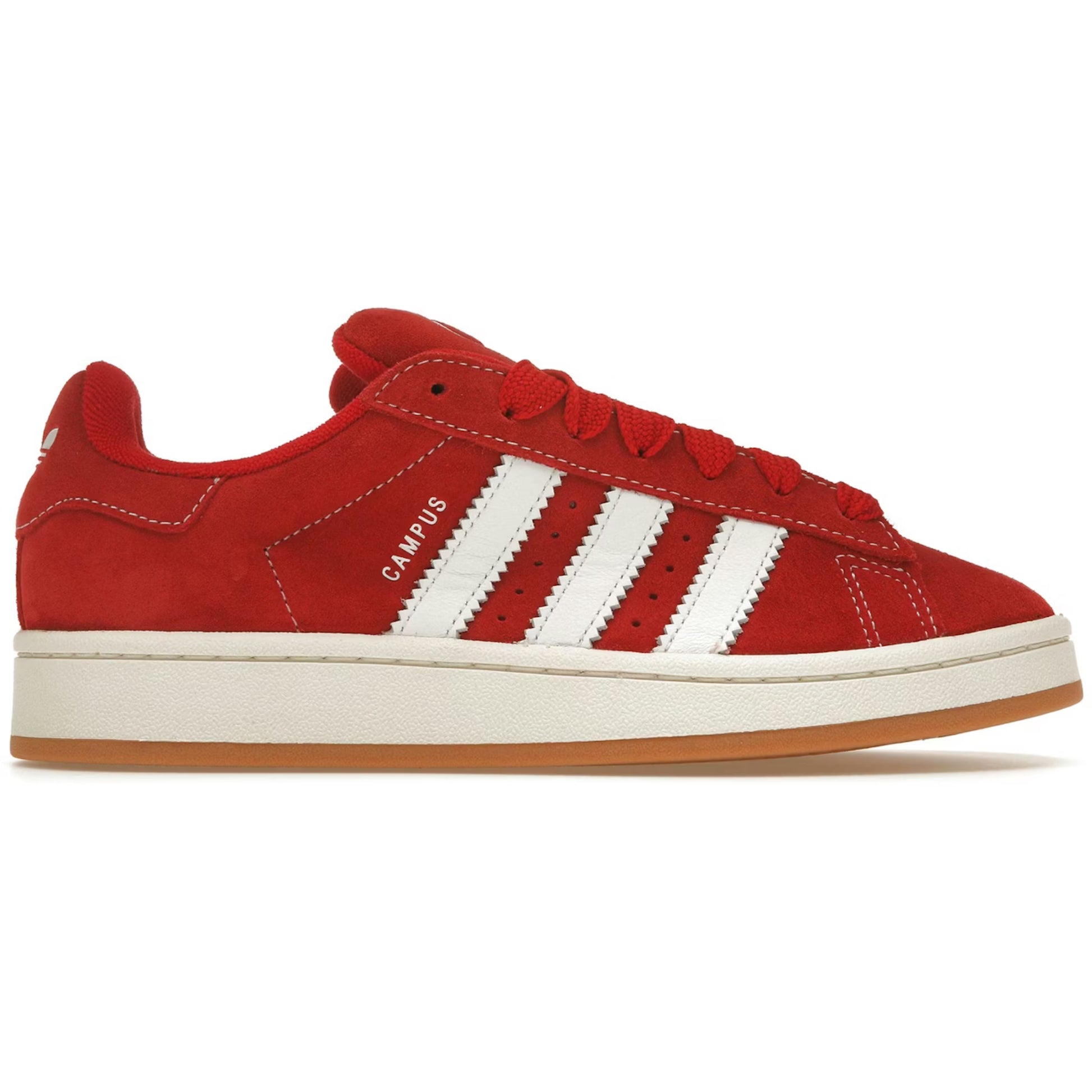 Red Adidas sneaker with white stripes on a white background