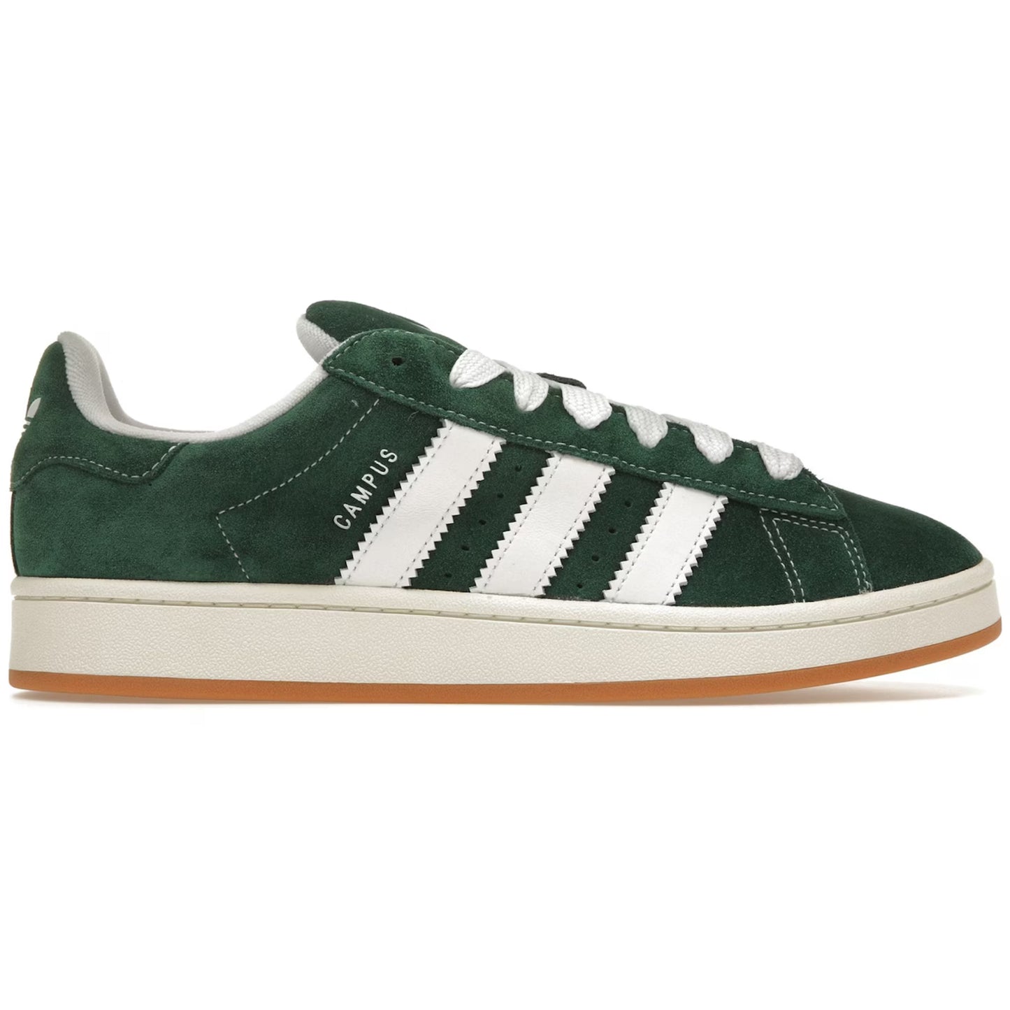 Green Adidas sneaker with white stripes on a white background