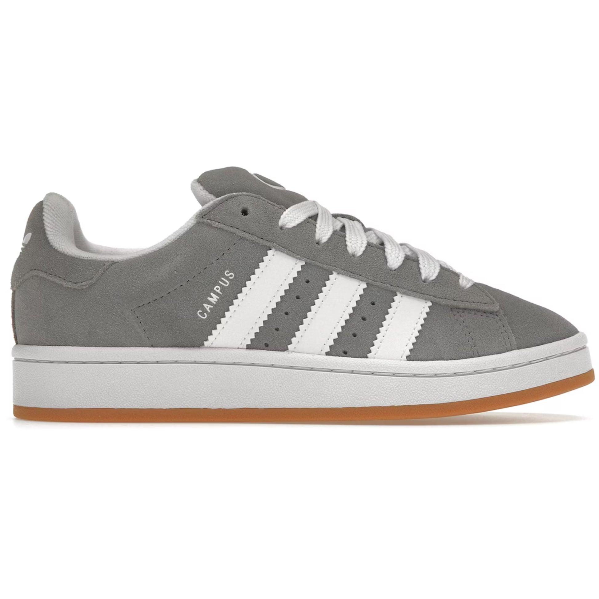 Gray Adidas sneaker with white stripes on a white background