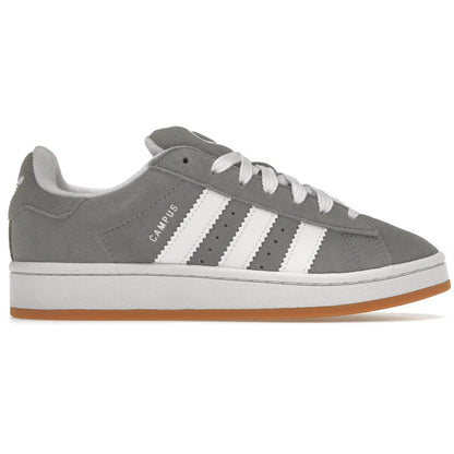 Gray Adidas sneaker with white stripes on a white background