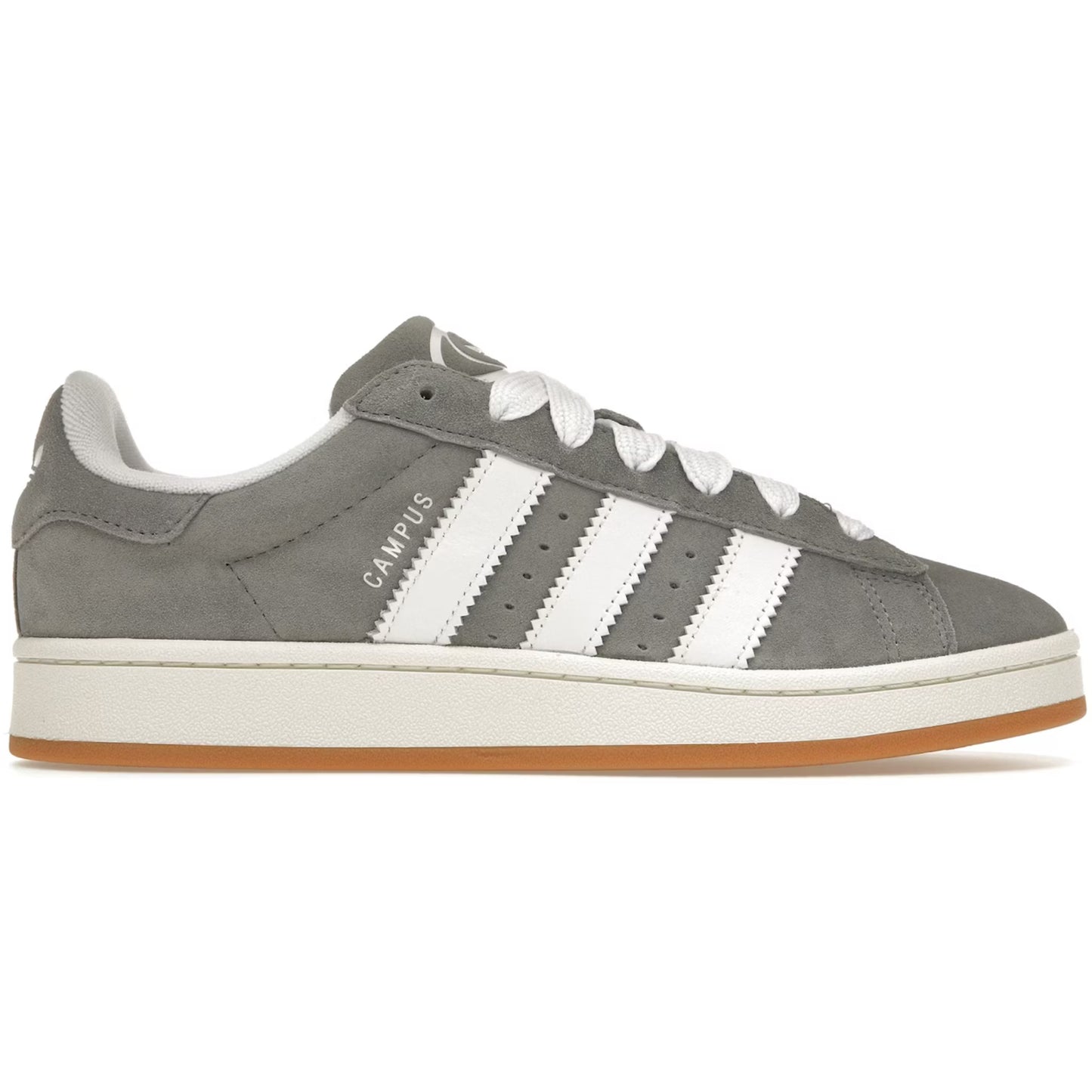 Gray Adidas sneaker with white stripes on a white background