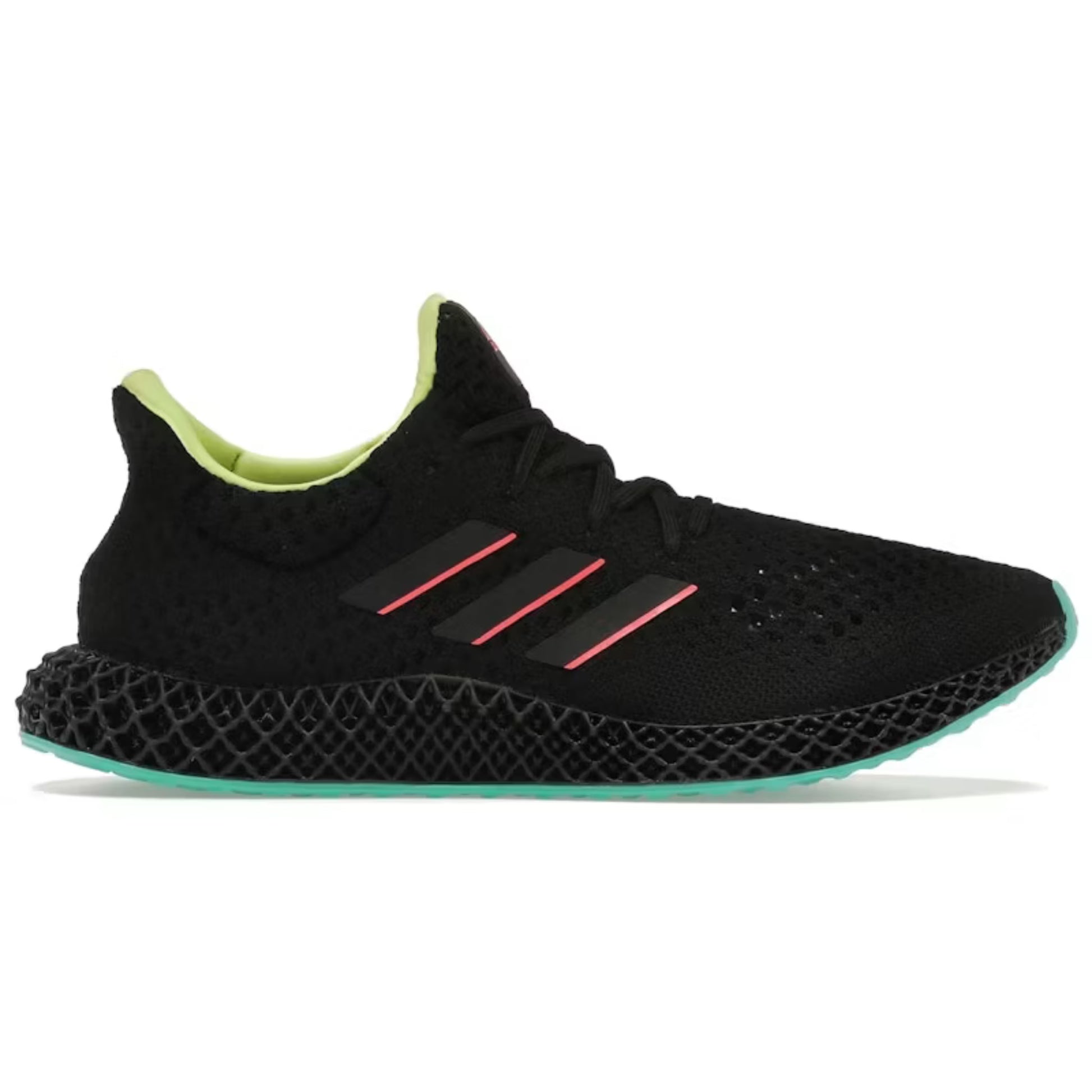 Black Adidas sneaker with a unique sole design on a white background