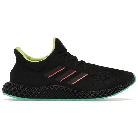 Black Adidas sneaker with a unique sole design on a white background